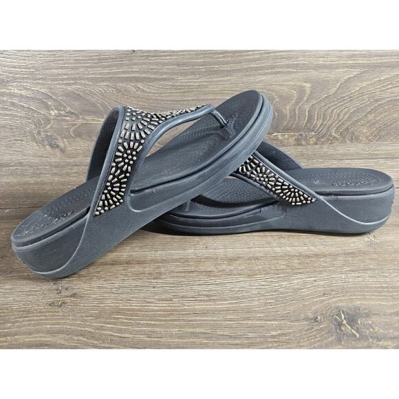 CROCS Women's Size 9 Black Embellished Monterey Diamante Wedge Flip Flop Sandals - Picture 7 of 9